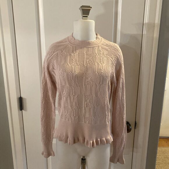 Joie Blush Pink Joie "Caire" Crochet Open Knit Pullover Ruffle Sweater- Size M - Picture 2 of 16
